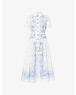 Self-Portrait Belted Embroidered Cotton Midi Dress - Blue