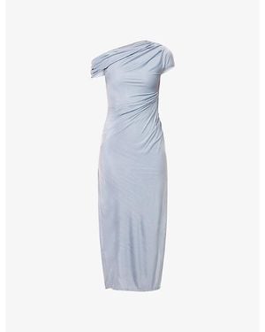Galvan London Cascading Draped One-Shoulder Woven Midi Dress - Blue