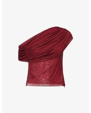 Self-Portrait Rhinestone Draped Stretch-Woven Top - Red