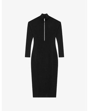 The Kooples Long-Sleeved Zip-Up Wool-Blend Midi Dress - Black