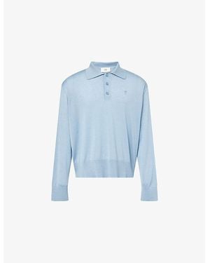 Ami Paris Logo-Embroidery Long-Sleeve Wool-Blend Knitted Polo Shirt - Blue