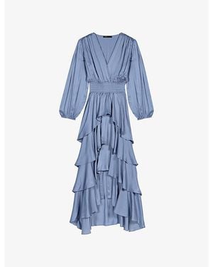 Maje V-Neck Ruffled Woven Maxi Dress - Blue