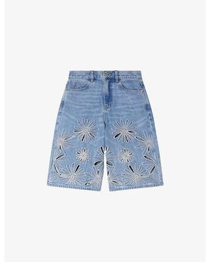 Sandro Floral-Embroidered Denim Bermuda Shorts - Blue