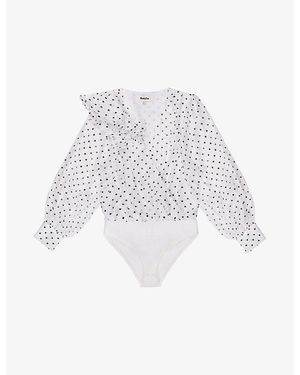 Ro&zo Spotted Ruffled Stretch-Woven Bodysuit - White