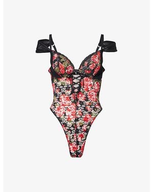 Savage x Fenty Sinful Rose Printed Lace Teddy - Red