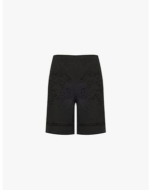 Diomene Embroidered Cut-Outs Drawstring-Waistband Straight-Leg Regular-Fit Cotton Shorts - Black