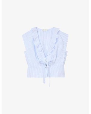 Sandro Stripe-Print V-Neck Stretch-Cotton Top - Blue