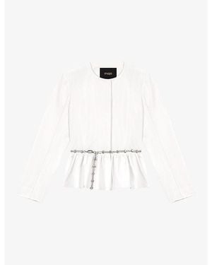 Maje Cropped Jewelled-Belt Woven Jacket - White