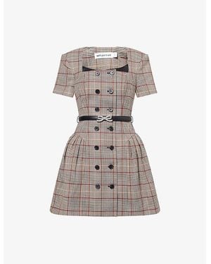 Self-Portrait Check-Print Square-Neck Wool-Blend Mini Dress - Grey