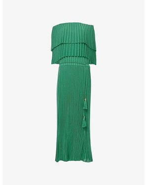 eem Off-Shoulder Pleat Woven Midi Dress - Green
