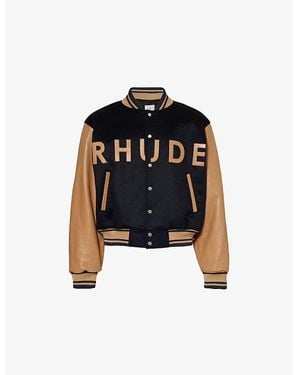 Rhude Brand-Appliqué Contrast-Sleeve Regular-Fit Wool Jacket - Black