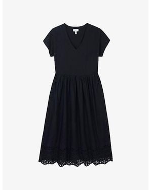 The White Company Broderie-Hem V-Neck Cotton-Jersey Midi Dress - Blue