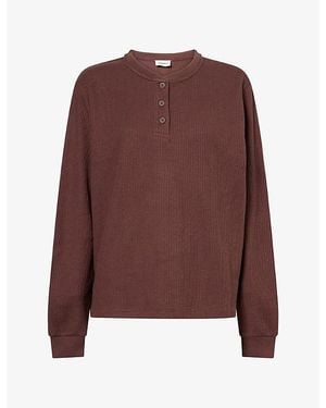 ADANOLA Henley-Collar Ribbed-Knit Cotton-Blend Top - Brown