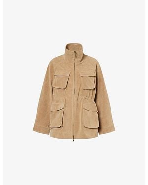 The Couture Club Ruched-Waist Funnel-Neck Faux Suede Jacket - Natural