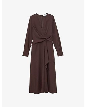 Reiss Mira Wrap-Front Wool-Blend Midi Dress - Brown