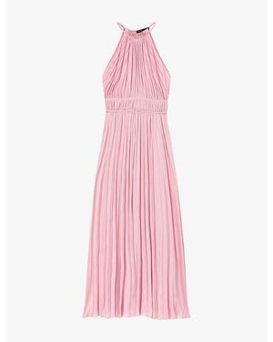 Maje High-Neck Pleated Woven Maxi Dress - Pink