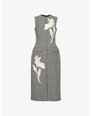 Erdem Houndstooth-Pattern Embroidered Wool Midi Dress - Grey