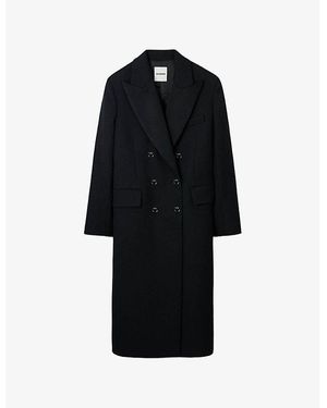 Sandro Double-Breasted Peak-Lapels Woven Coat - Black