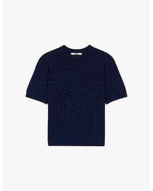 Maje Short-Sleeved Rhinestone-Embellished Wool-Blend Jumper - Blue