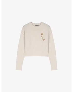 Maje Boxy Floral-Brooch Wool And Cashmere-Blend Jumper - Natural