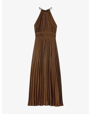 Maje High-Neck Pleated Woven Maxi Dress - Brown