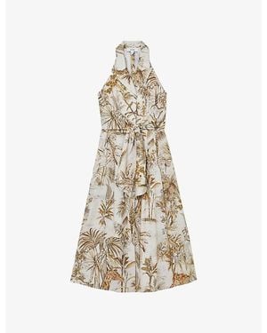 Reiss Carla Palm-Print Linen Midi Dress - Natural
