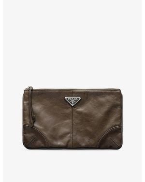 Prada Leather Logo-Embellished Leather Pouch - Brown
