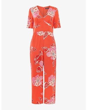 Whistles Aimee Hibiscus-Print Short-Sleeve Woven Jumpsuit - Red
