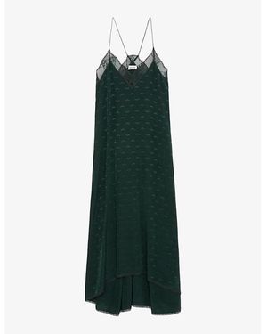 Zadig & Voltaire Risty Jacquard-Print Lace-Embroidered Silk Midi Dress - Green