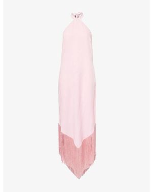 ‎Taller Marmo Nina Fringed Halterneck Satin Maxi Dress - Pink