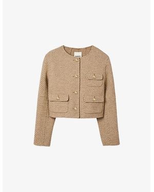 Sandro Patch-Pocket Button-Down Cropped Wool-Blend Jacket - Natural