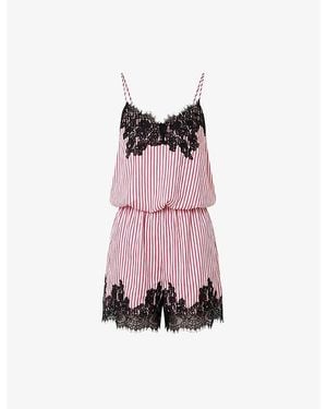 Amy Lynn Striped Lace-Trim Satin Playsuit - Pink