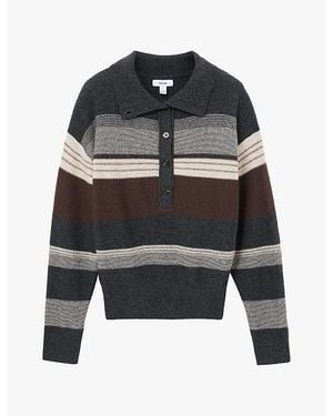 Reiss Mabel Striped Button-Neck Wool And Cashmere Sweater - Black