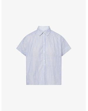ME+EM Striped Short-Sleeves Cotton-Poplin Blouse - Blue