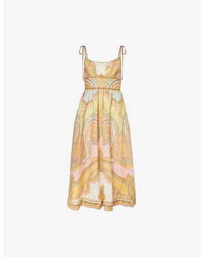 Zimmermann Maxine Picnic Shoulder-Straps Linen Midi Dress - Metallic
