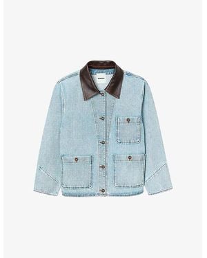 Sandro Four-Pocket Leather-Collar Denim Jacket - Blue