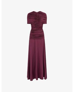 Self-Portrait Caped-Sleeve Gathered Jersey Maxi Dress - Purple