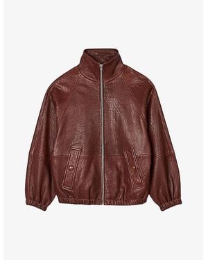 Sandro High-Neck Oversized Leather Jacket - Brown