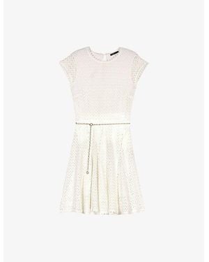 Maje Chain-Belt Short-Sleeve Crochet Knitted Mini Dress - White