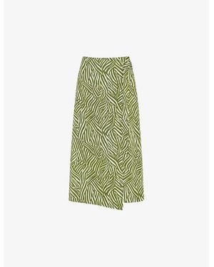 Whistles Linear Leaf-Print Wrap-Front Cotton Midi Skirt - Green