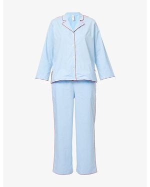 Desmond & Dempsey Contrast-Trim Long-Sleeve Cotton Pyjama Set - Blue