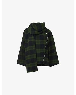 eem Check-Pattern Detachable-Scarf Biker Jacket - Black
