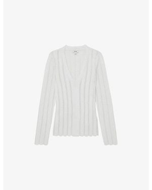 Reiss Loui Open-Stitch V-Neck Knitted Jumper - White
