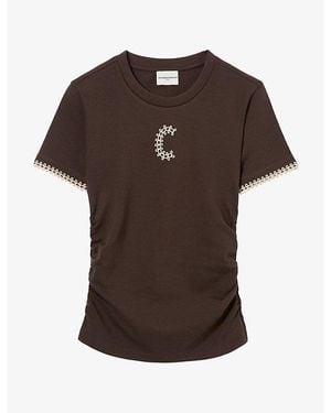 Claudie Pierlot Brand-Embroidered Ruched Jersey T-Shirt - Brown