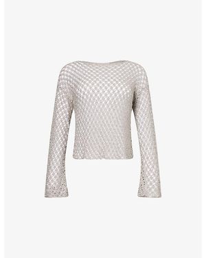 Twp Slash-Neck Open-Knit Crochet Top - White