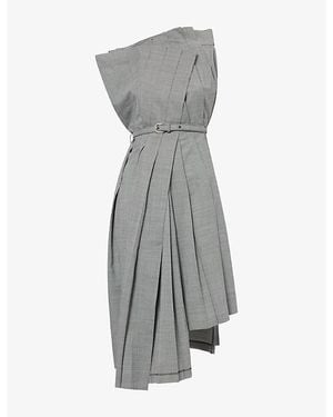 Junya Watanabe Pleated Asymmetric Wool-Blend Midi Dress - Gray
