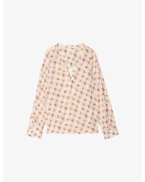 Zadig & Voltaire Torny V-Neck Floral-Print Woven Blouse - Natural