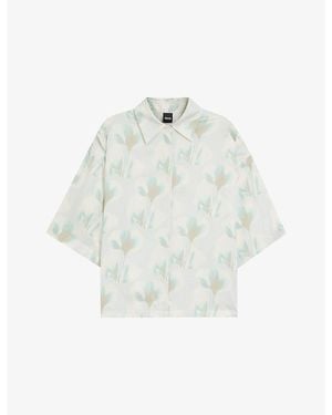 BOSS Floral-Print Cropped Woven Blouse - White