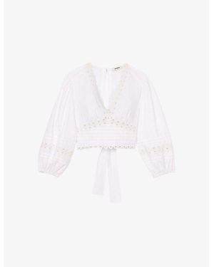 Sandro Lace-Trim Long-Sleeve Cotton Top - White