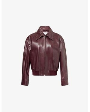 Bottega Veneta Regular-Fit Ribbed-Trims Leather Jacket - Red